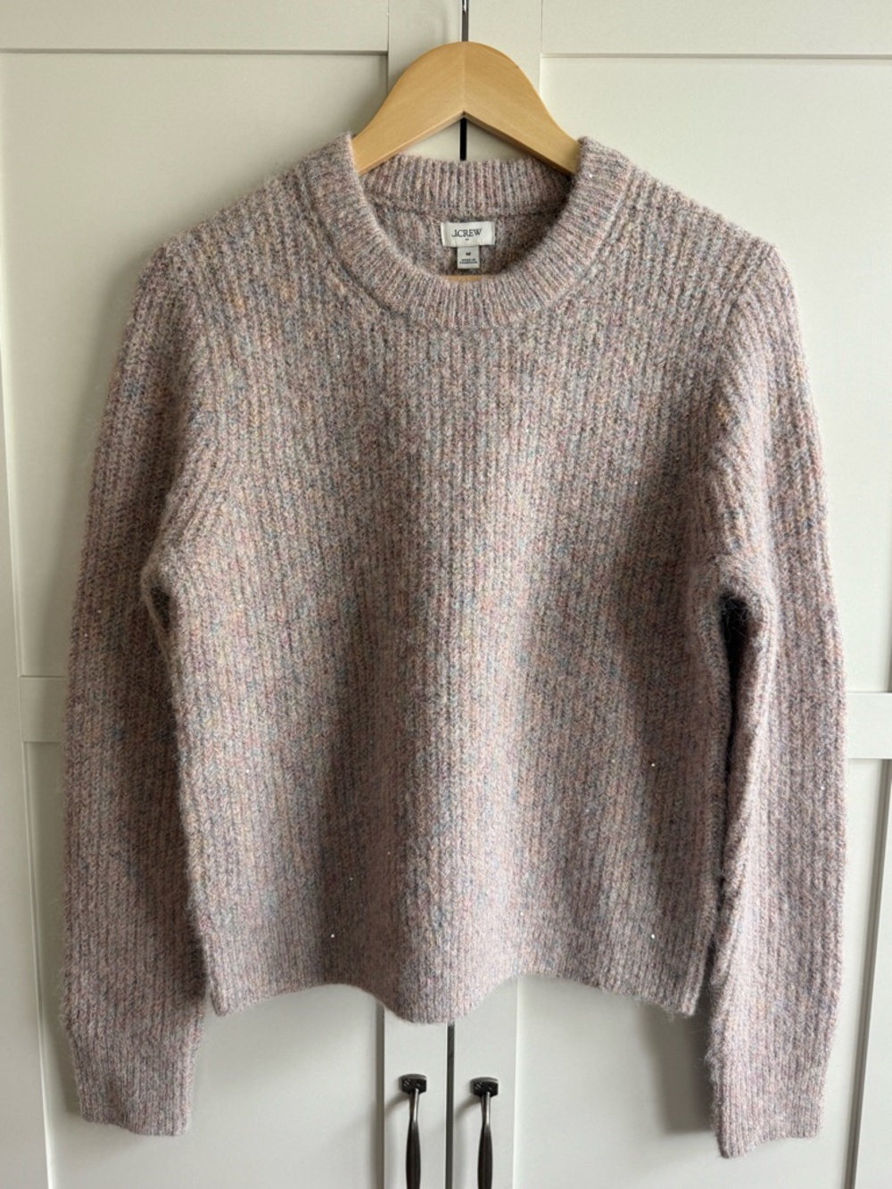 J.Crew Factory Metallic Sequin Crewneck Sweater - Pale Pink Rainbow Silve Medium - Picture 3 of 5
